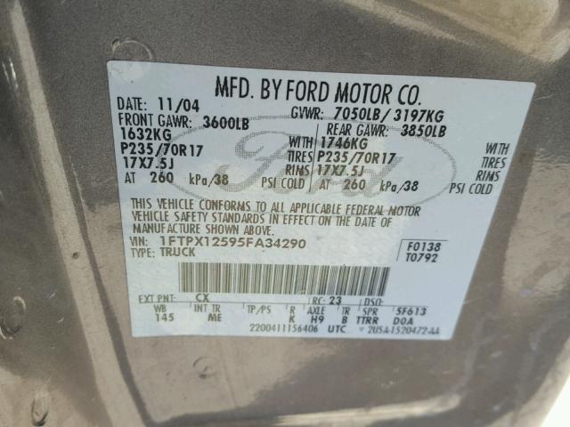 1FTPX12595FA34290 - 2005 FORD F150 GRAY photo 10