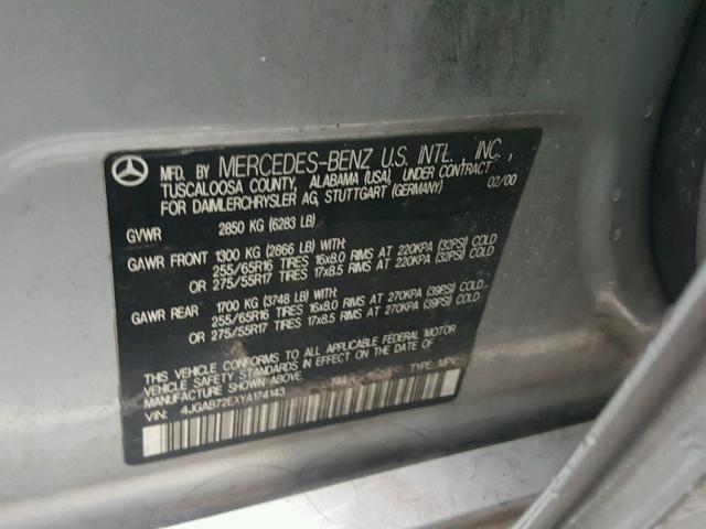 4JGAB72EXYA174143 - 2000 MERCEDES-BENZ ML 430 SILVER photo 10