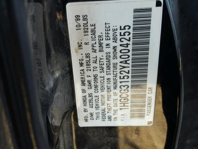 1HGCG3152YA004255 - 2000 HONDA ACCORD EX BLACK photo 10