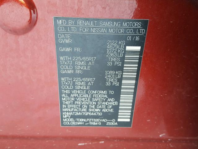 KNMAT2MV7GP644710 - 2016 NISSAN ROGUE S RED photo 10