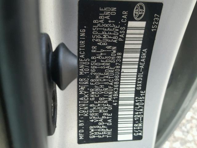 4T1BK36B96U087388 - 2006 TOYOTA AVALON XL SILVER photo 10