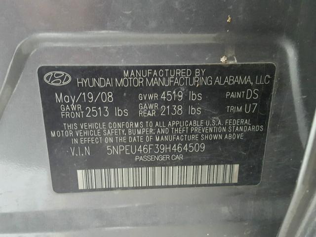 5NPEU46F39H464509 - 2009 HYUNDAI SONATA SE CHARCOAL photo 10