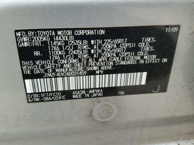 JTMZF4DV2AD021459 - 2010 TOYOTA RAV4 GRAY photo 10