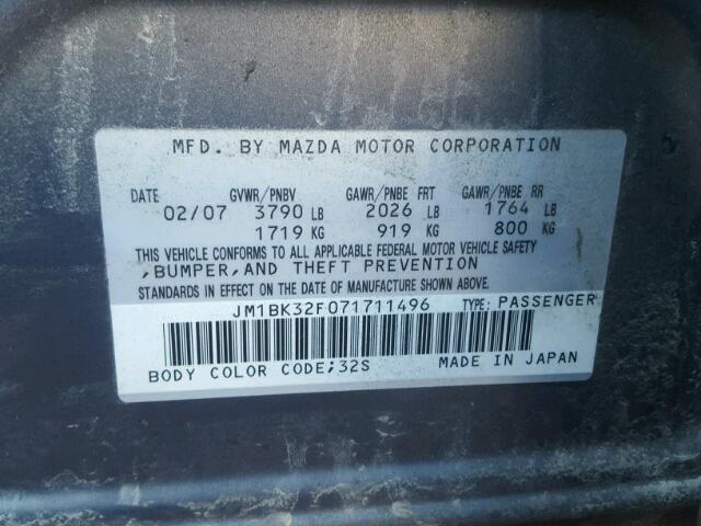 JM1BK32F071711496 - 2007 MAZDA 3 I GRAY photo 10