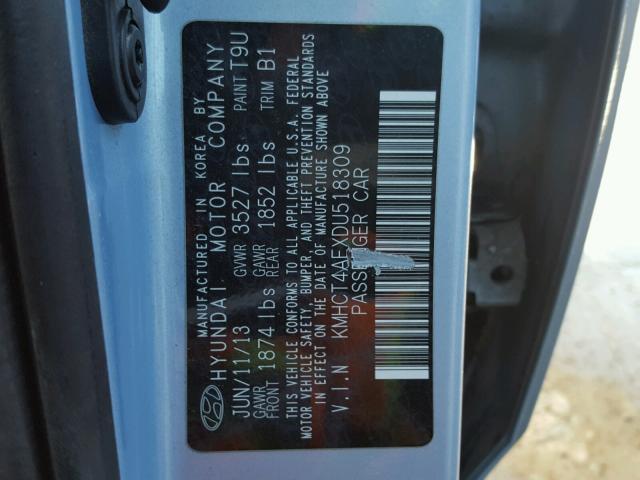 KMHCT4AEXDU518309 - 2013 HYUNDAI ACCENT GLS BLUE photo 10