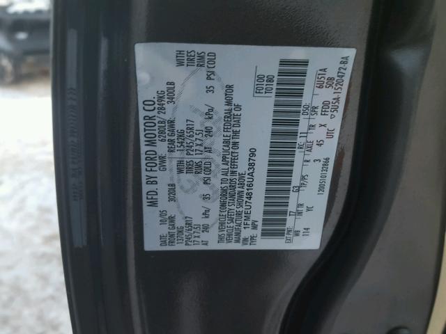 1FMEU74816UA38790 - 2006 FORD EXPLORER E GRAY photo 10