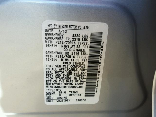 JN8AS5MT0DW022488 - 2013 NISSAN ROGUE S SILVER photo 10