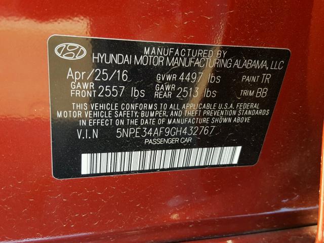 5NPE34AF9GH432767 - 2016 HYUNDAI SONATA SPO MAROON photo 10