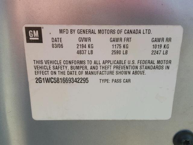 2G1WC581669342295 - 2006 CHEVROLET IMPALA LT SILVER photo 10