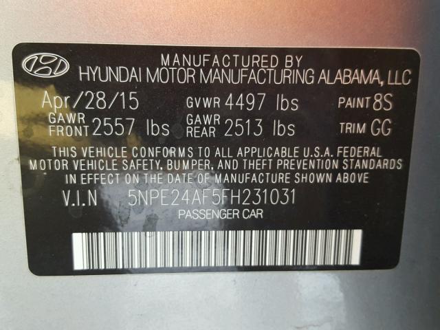 5NPE24AF5FH231031 - 2015 HYUNDAI SONATA SE SILVER photo 10