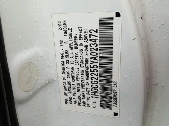 1HGCG2255YA023472 - 2000 HONDA ACCORD EX WHITE photo 10