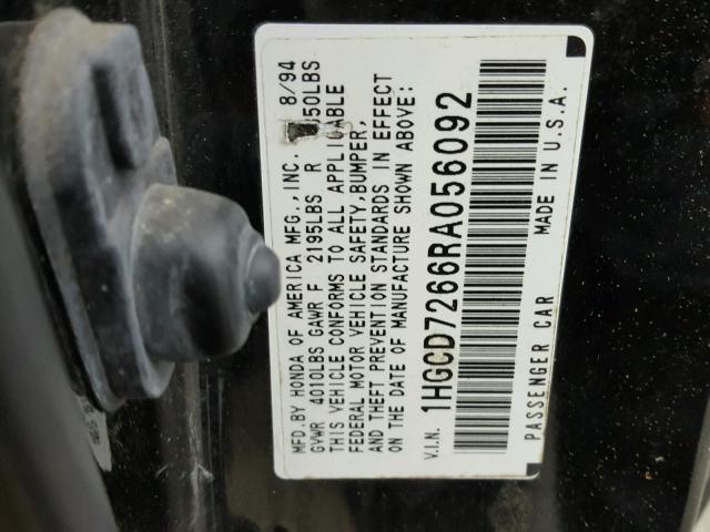 1HGCD7266RA056092 - 1994 HONDA ACCORD EX BLACK photo 10