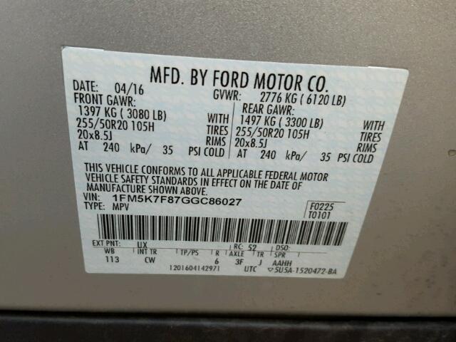 1FM5K7F87GGC86027 - 2016 FORD EXPLORER L SILVER photo 10