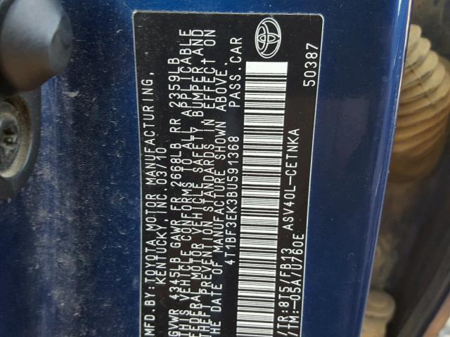 4T1BF3EK3BU591368 - 2011 TOYOTA CAMRY BASE BLUE photo 10