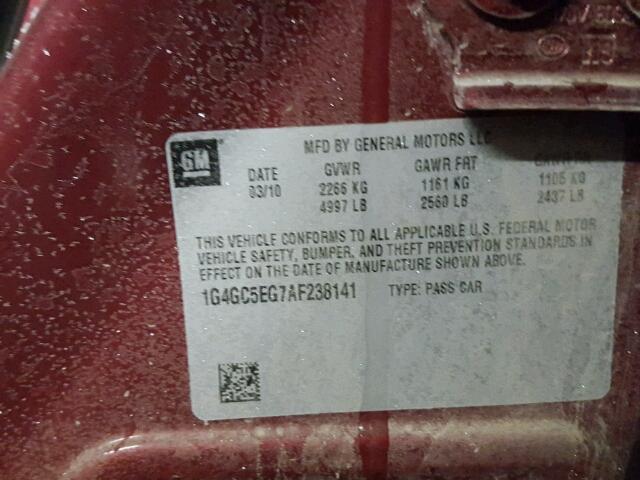1G4GC5EG7AF238141 - 2010 BUICK LACROSSE C BURGUNDY photo 10
