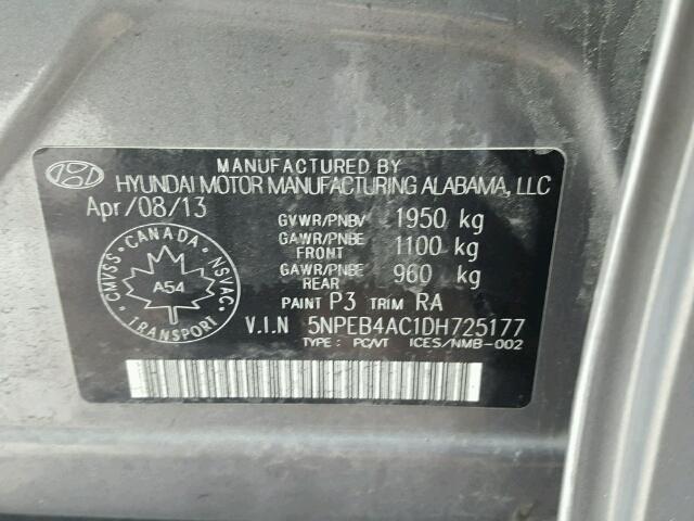 5NPEB4AC1DH725177 - 2013 HYUNDAI SONATA GLS GRAY photo 10