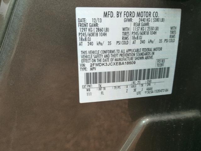 2FMDK3JCXEBA18609 - 2014 FORD EDGE SEL GRAY photo 10