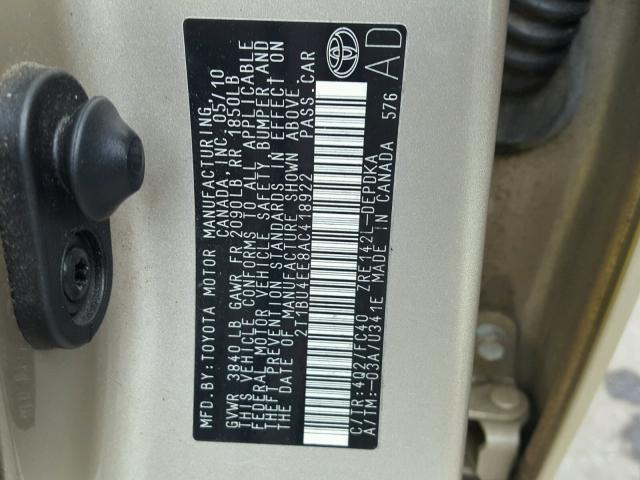 2T1BU4EE8AC418922 - 2010 TOYOTA COROLLA BA GOLD photo 10