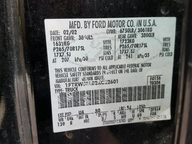 1FTRW08L02KC22601 - 2002 FORD F150 SUPER BLACK photo 10