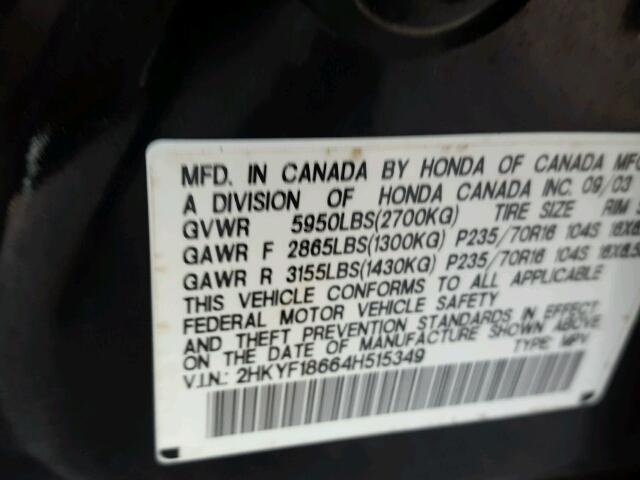 2HKYF18664H515349 - 2004 HONDA PILOT EXL BLACK photo 10