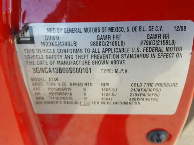 3GNCA13B69S600161 - 2009 CHEVROLET HHR LS RED photo 10