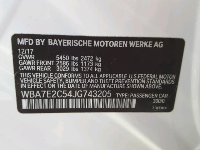 WBA7E2C54JG743205 - 2018 BMW 740 I WHITE photo 10