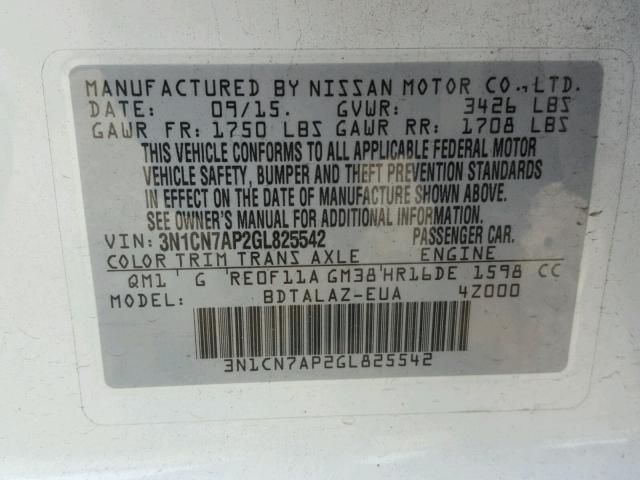 3N1CN7AP2GL825542 - 2016 NISSAN VERSA S WHITE photo 10