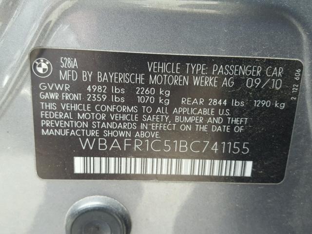 WBAFR1C51BC741155 - 2011 BMW 528 I GRAY photo 10