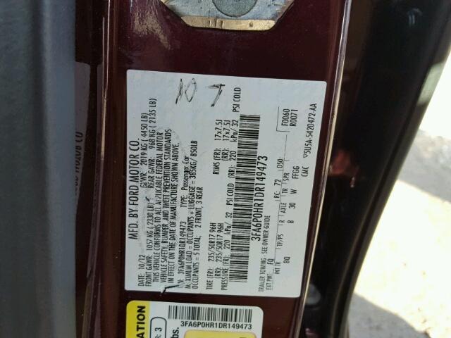 3FA6P0HR1DR149473 - 2013 FORD FUSION SE BURGUNDY photo 10