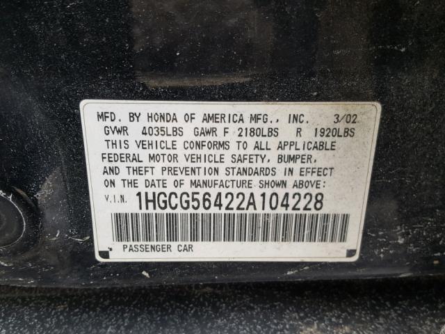 1HGCG56422A104228 - 2002 HONDA ACCORD LX BLACK photo 10