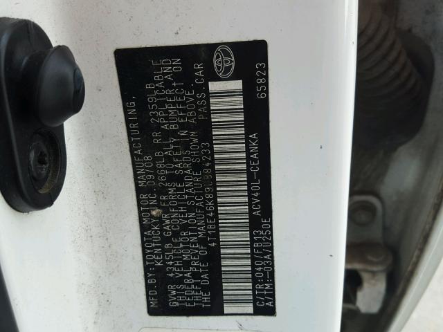 4T1BE46K89U884233 - 2009 TOYOTA CAMRY BASE WHITE photo 10