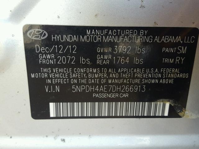 5NPDH4AE7DH266913 - 2013 HYUNDAI ELANTRA GL SILVER photo 10