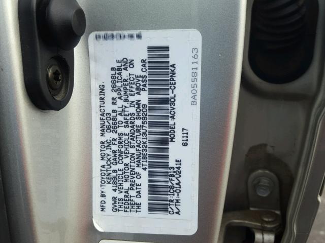 4T1BE32K13U759209 - 2003 TOYOTA CAMRY LE თაფლისფერი ფოტო 10