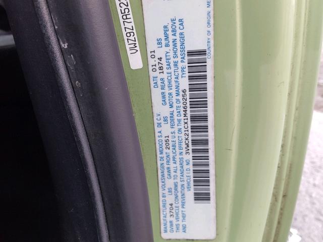 3VWCK21CX1M460256 - 2001 VOLKSWAGEN NEW BEETLE 绿色 照片 10