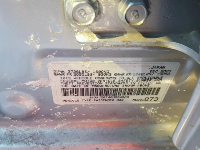 JA3AJ26E46U034068 - 2006 MITSUBISHI LANCER ES SILVER photo 10