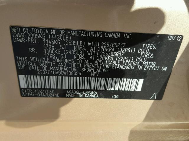 2T3ZF4DV9CW138056 - 2012 TOYOTA RAV4 GOLD photo 10