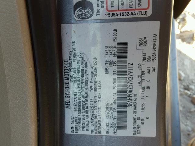 3FAHP06Z57R279112 - 2007 FORD FUSION S GRAY photo 10