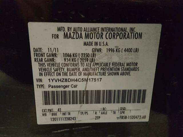 1YVHZ8DH4C5M17517 - 2012 MAZDA 6 I BLACK photo 10