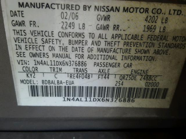 1N4AL11DX6N376886 - 2006 NISSAN ALTIMA S GRAY photo 10