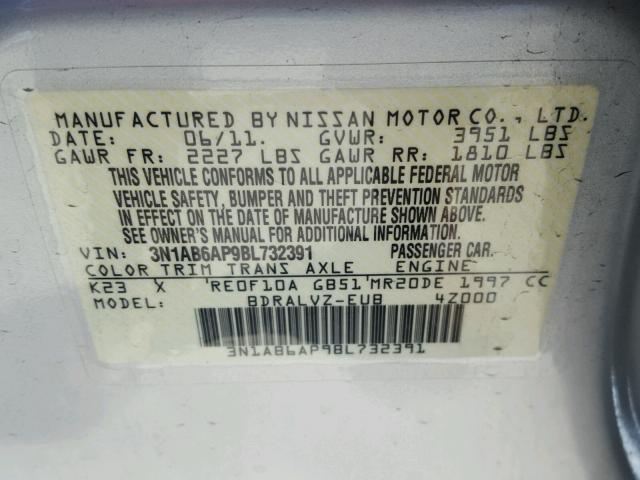 3N1AB6AP9BL732391 - 2011 NISSAN SENTRA 2.0 SILVER photo 10