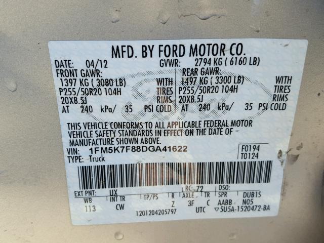 1FM5K7F88DGA41622 - 2013 FORD EXPLORER L SILVER photo 10