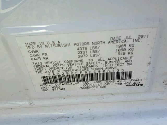 4A32B2FF9CE006135 - 2012 MITSUBISHI GALANT FE WHITE photo 10