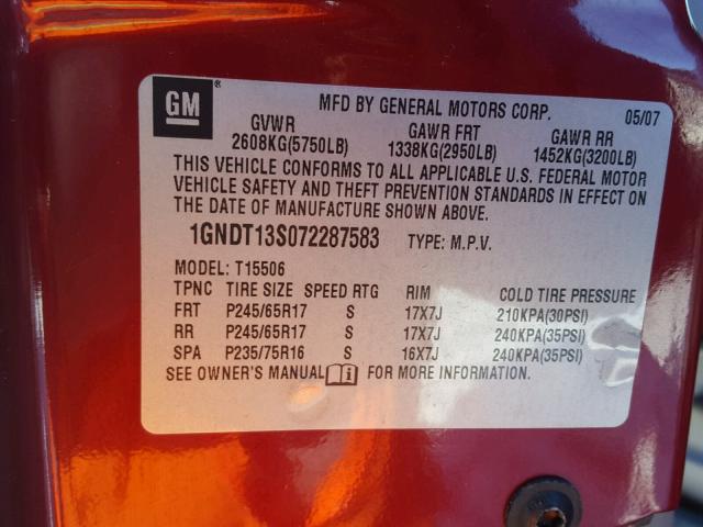 1GNDT13S072287583 - 2007 CHEVROLET TRAILBLAZE RED photo 10