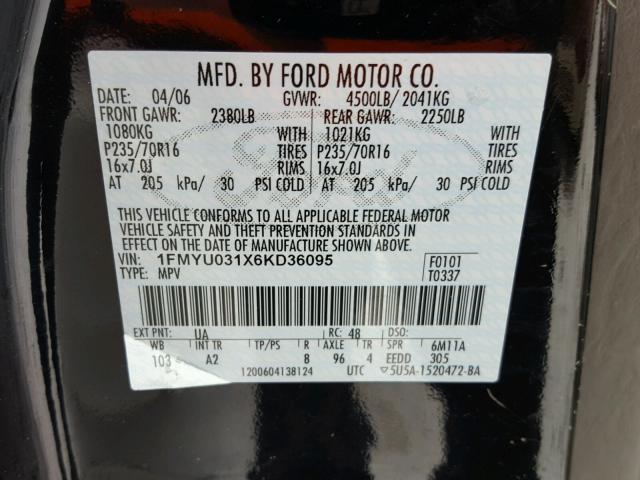 1FMYU031X6KD36095 - 2006 FORD ESCAPE XLT BLACK photo 10