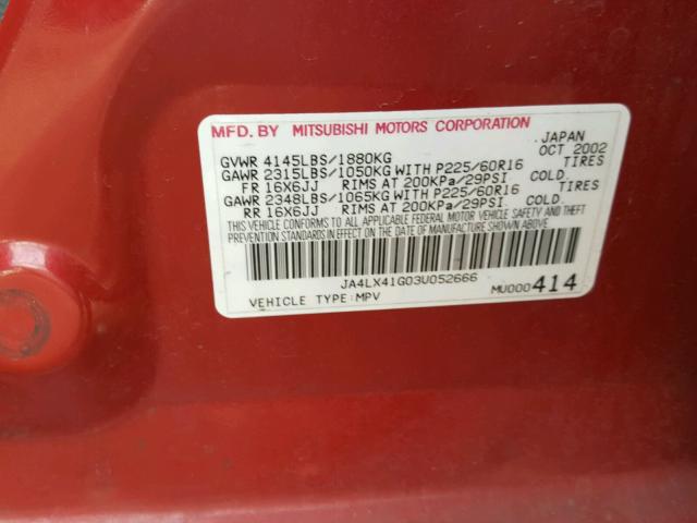 JA4LX41G03U052666 - 2003 MITSUBISHI OUTLANDER RED photo 10