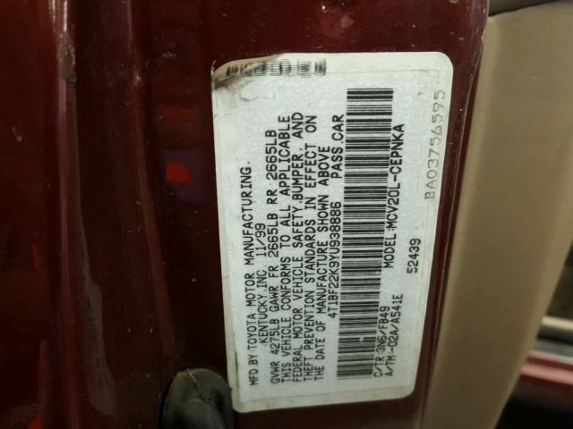 4T1BF22K9YU938886 - 2000 TOYOTA CAMRY LE RED photo 10