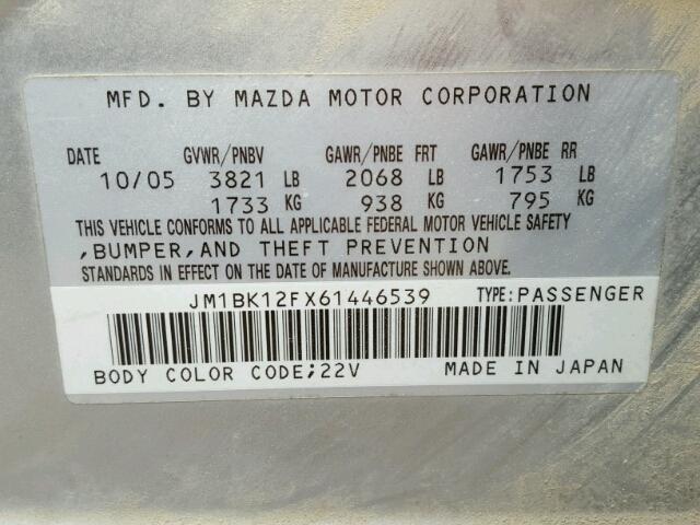 JM1BK12FX61446539 - 2006 MAZDA 3 I SILVER photo 10