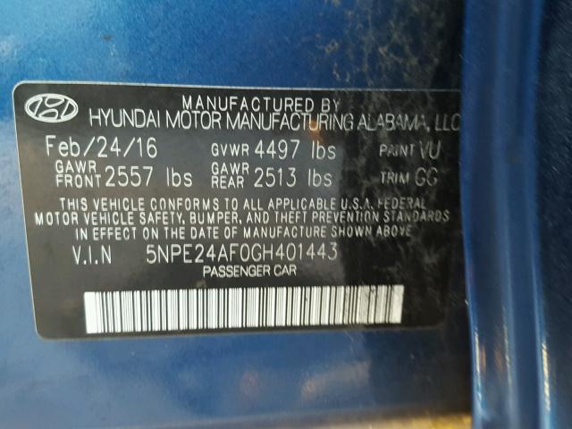 5NPE24AF0GH401443 - 2016 HYUNDAI SONATA SE BLUE photo 10