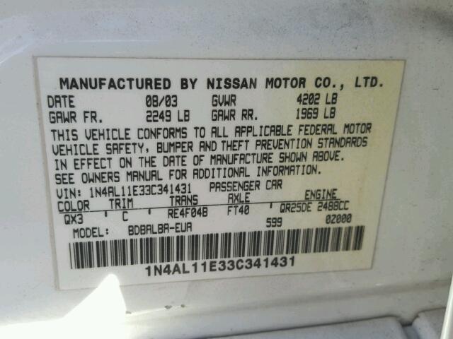 1N4AL11E33C341431 - 2003 NISSAN ALTIMA BAS WHITE photo 10