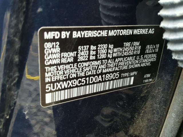 5UXWX9C51D0A18905 - 2013 BMW X3 XDRIVE2 BLUE photo 10